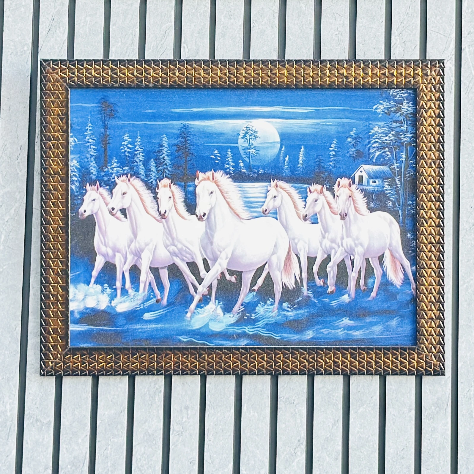 Seven White Running Horses Vastu framed wall art painting. HZOXPI