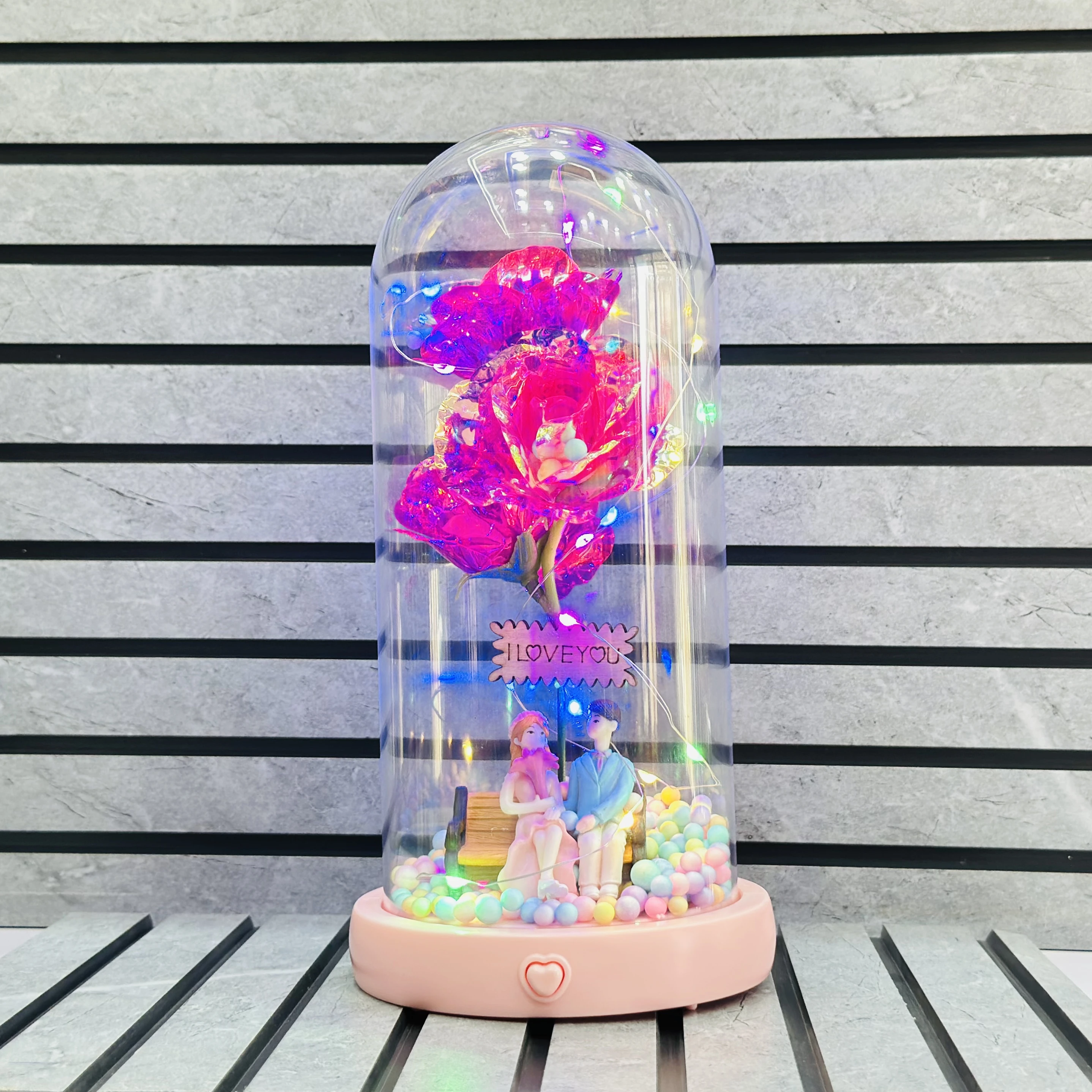Rose flower with LED lights inside a glass domeSKU-VH833W)