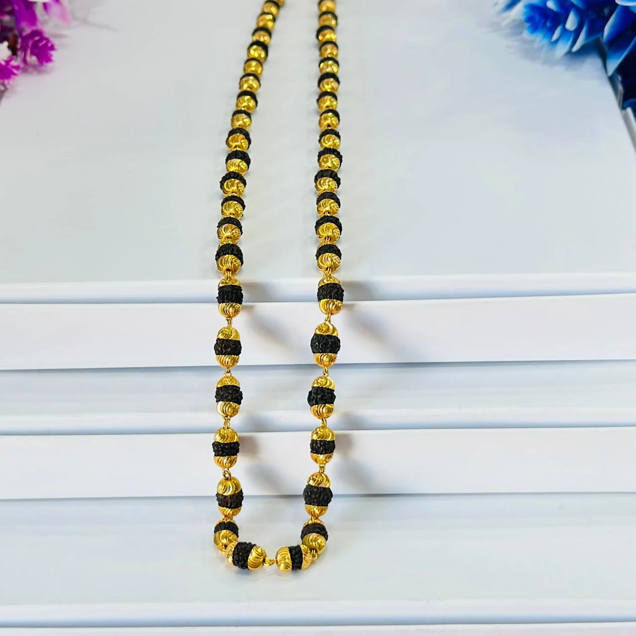 Golden Flower Brown Rudraksha Mala