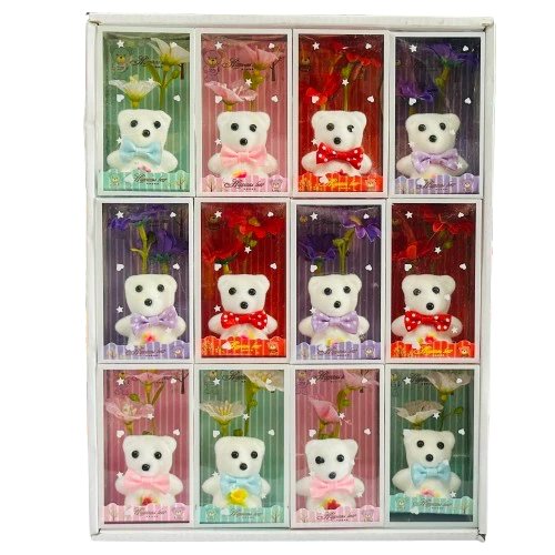 White teddy bear gift set with purple flowers