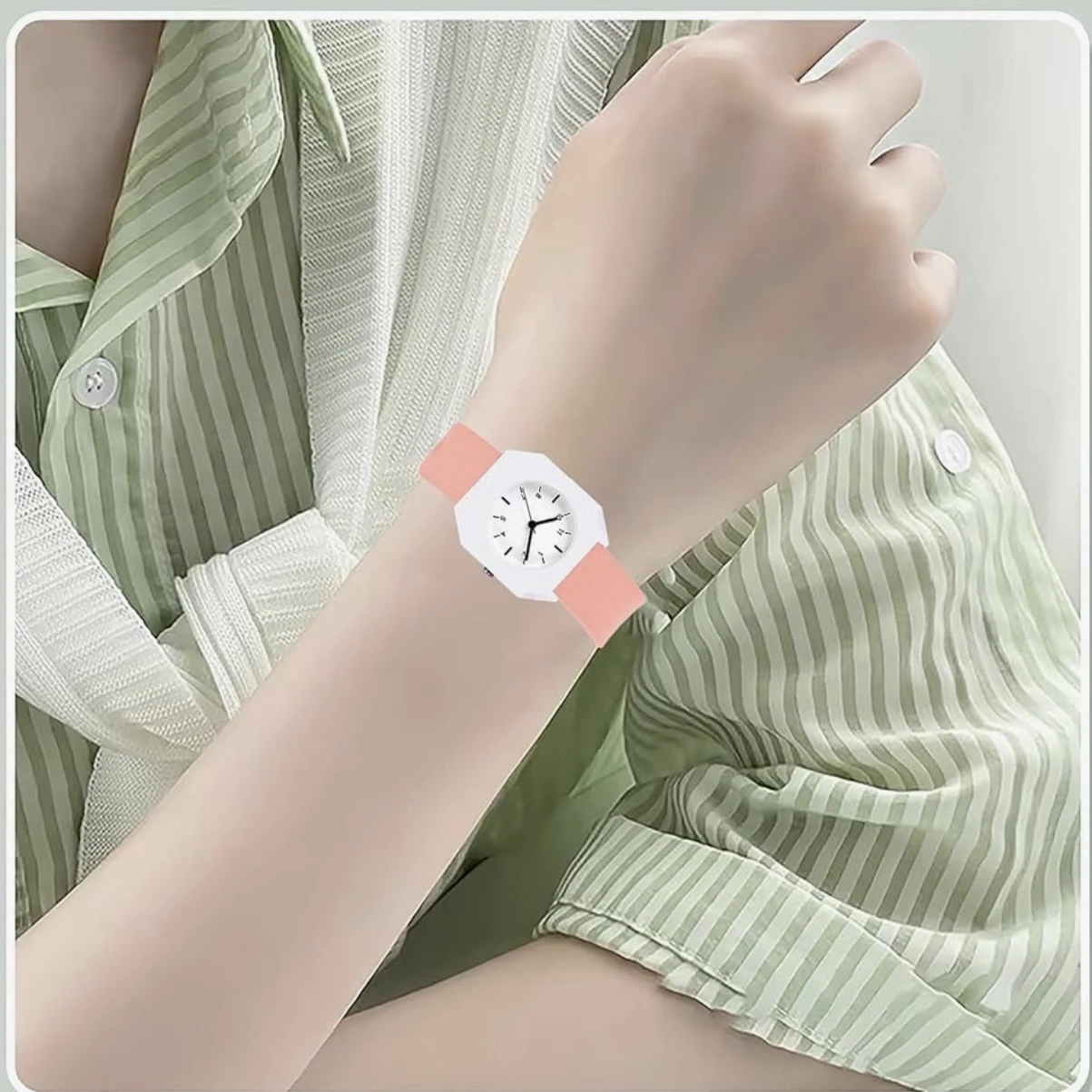 Mingrui analog quartz watch with a white plastic case and a peach/orange silicone strap