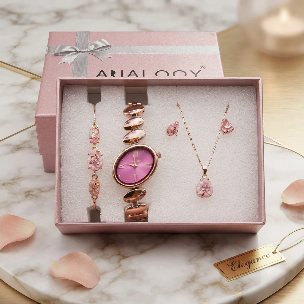 elegant Kayxn Celestique Edition Watch & Jewelry Set features a matching square burgundy-red dial and coordinating gemstone accessories