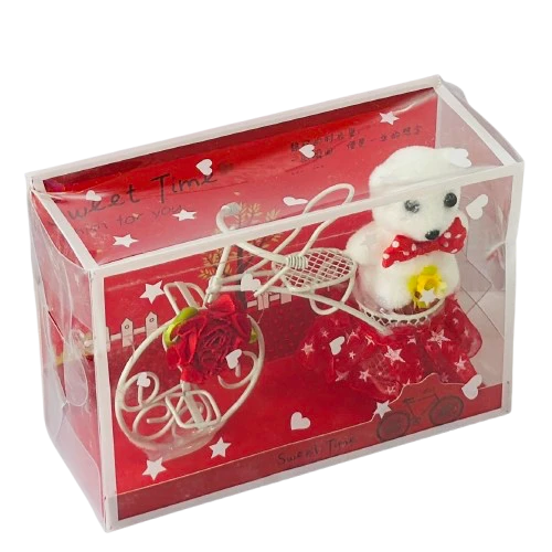 White Plastic Cycle with Teddy Bear and Rose Petals Gift Box
