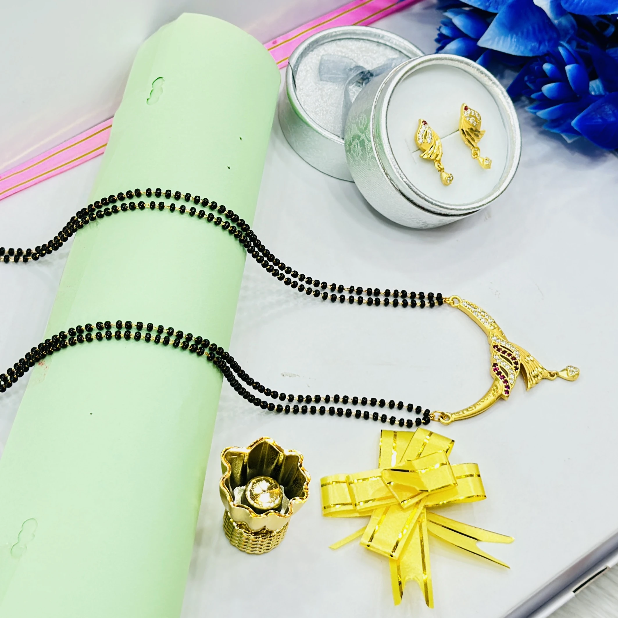 Gold plated brass mangalsutra necklace and earring set