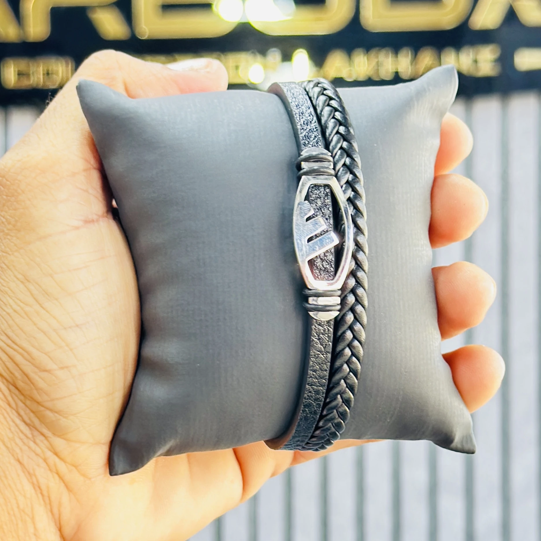 men's stainless steel and leather wraparound bracelet