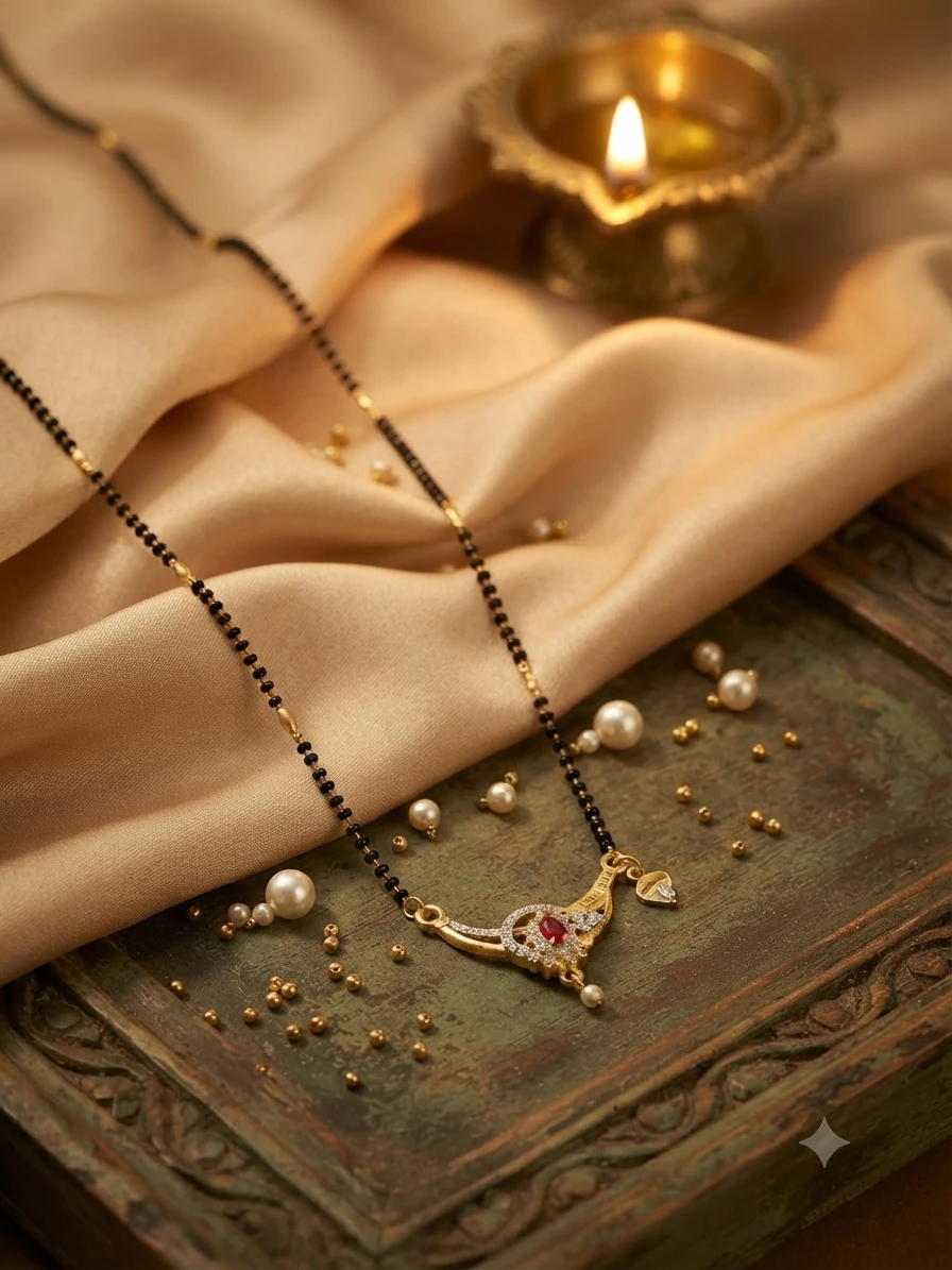 Mangalsutra featuring a ruby and American diamond studded pendant