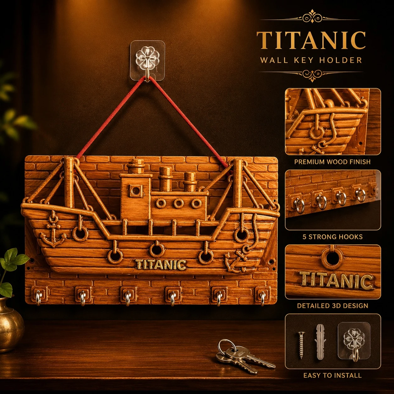 wooden wall-mounted key holder (BRYTZG )shaped like a ship labeled "TITANIC".