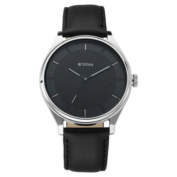 Titan analog wristwatch with a round black dial and a black leather strap