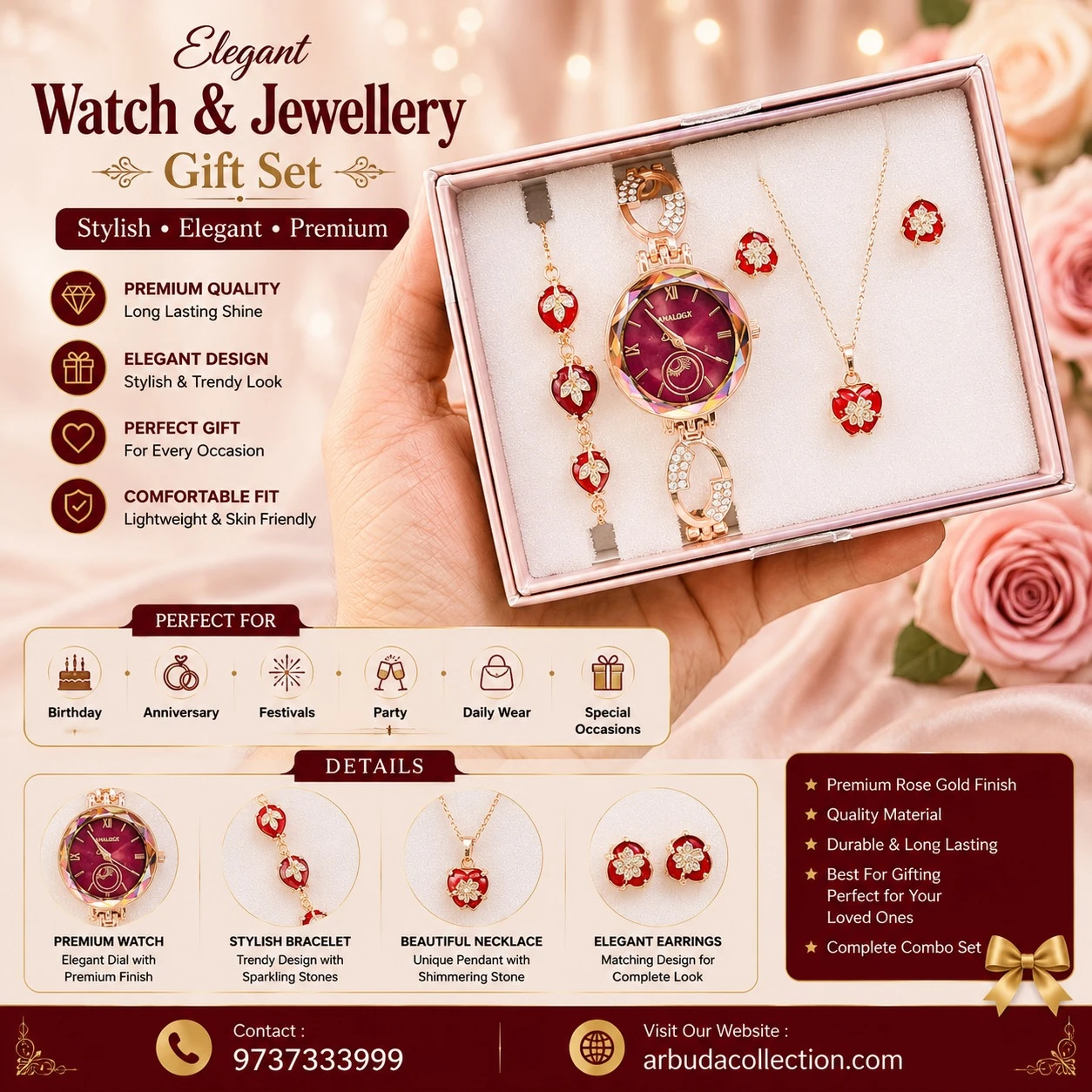 an elegant red-dial watch and matching jewelry gift set