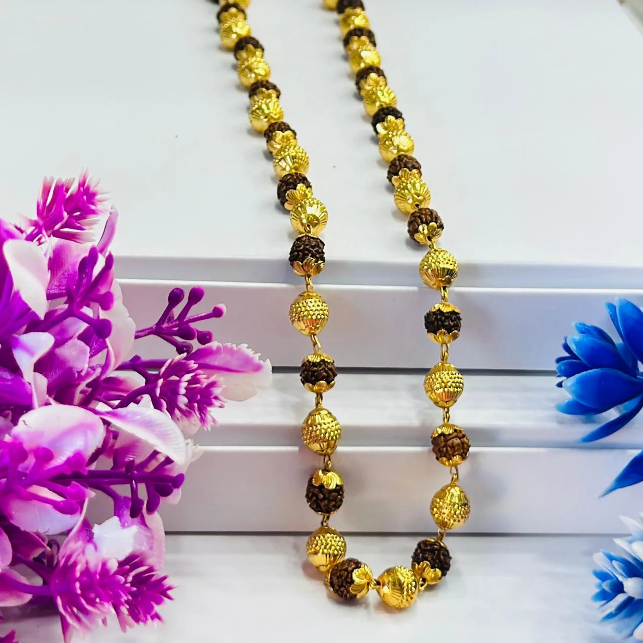 Golden Flower Brown Rudraksha Mala