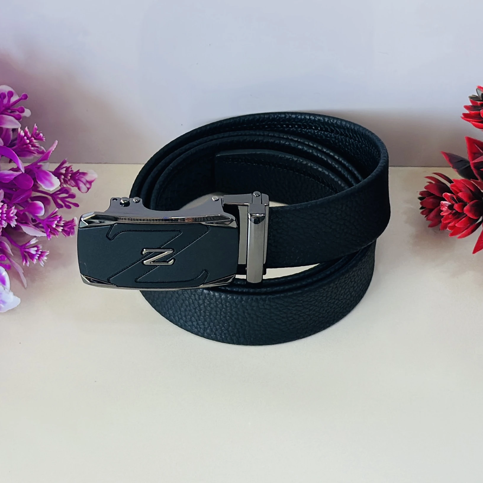 Black faux leather men's belt