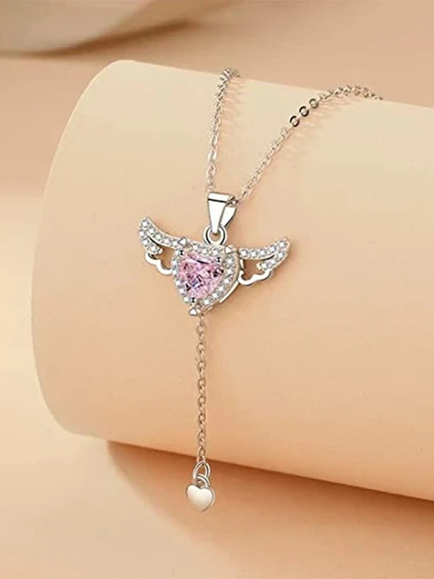 stainless steel Tivon necklace features a pink crystal heart pendant