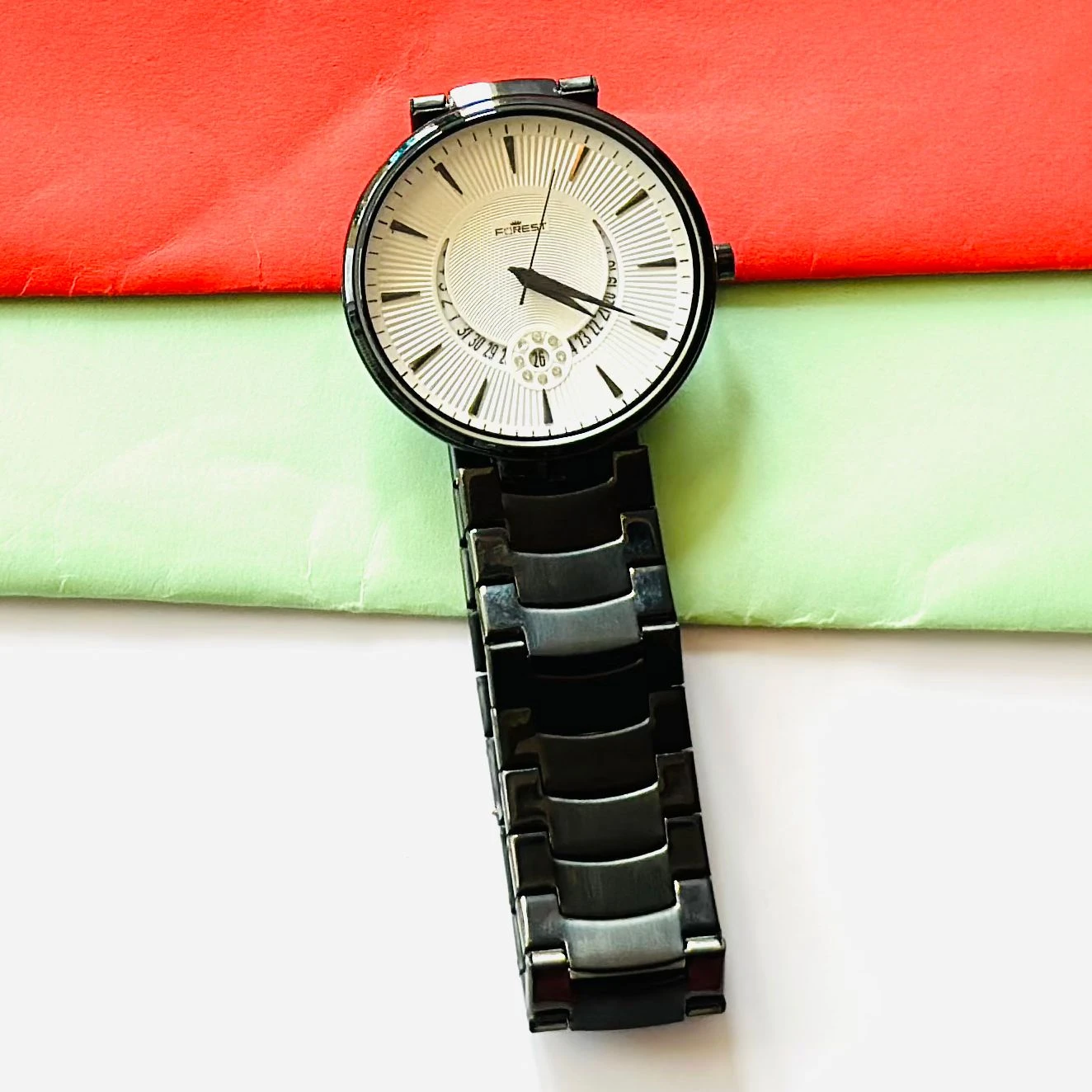 Forest Analog Watch for Men with a black metal strap.