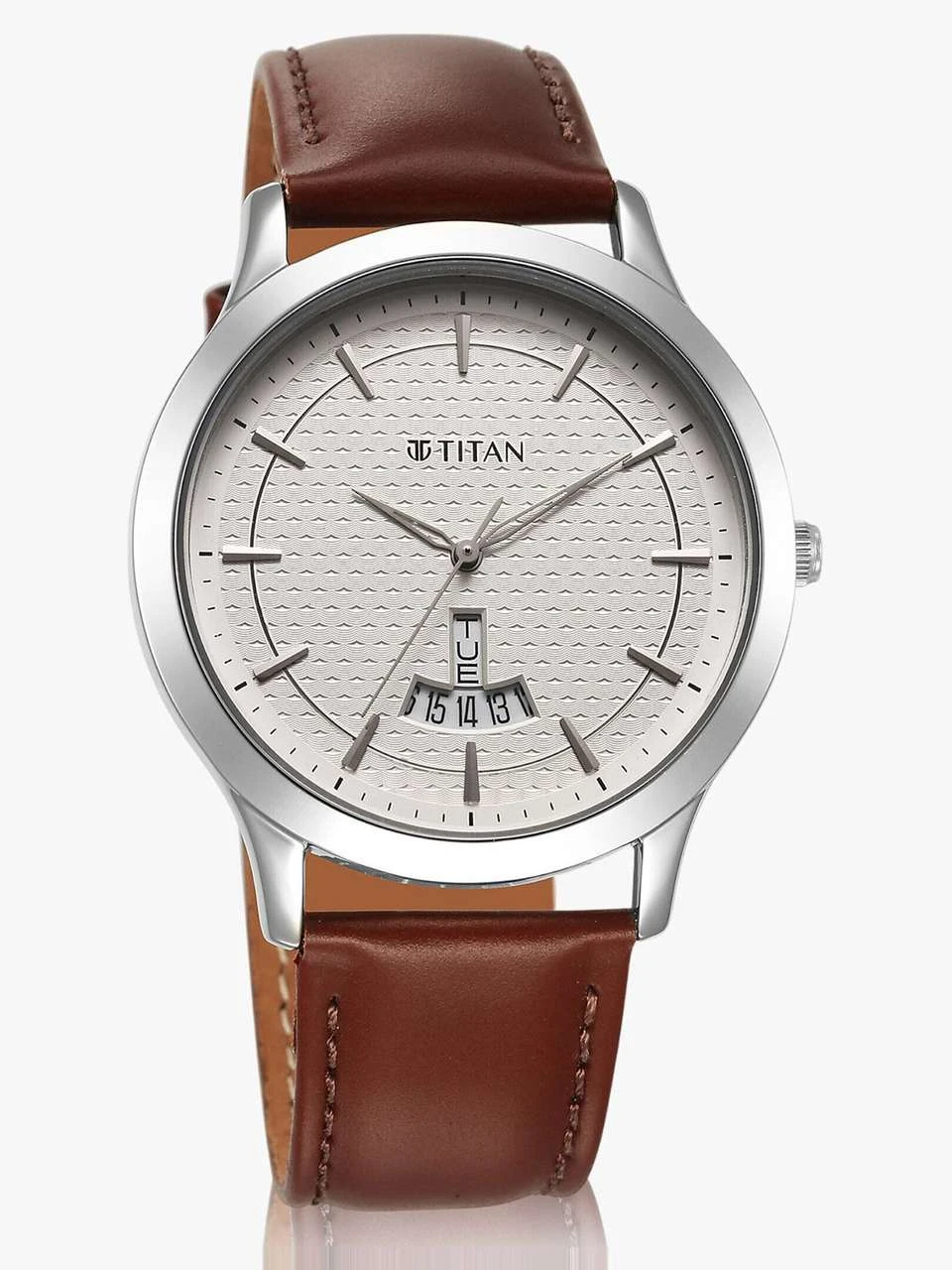Titan On Trend analog watch featuring a clean white dial and a brown leather strap