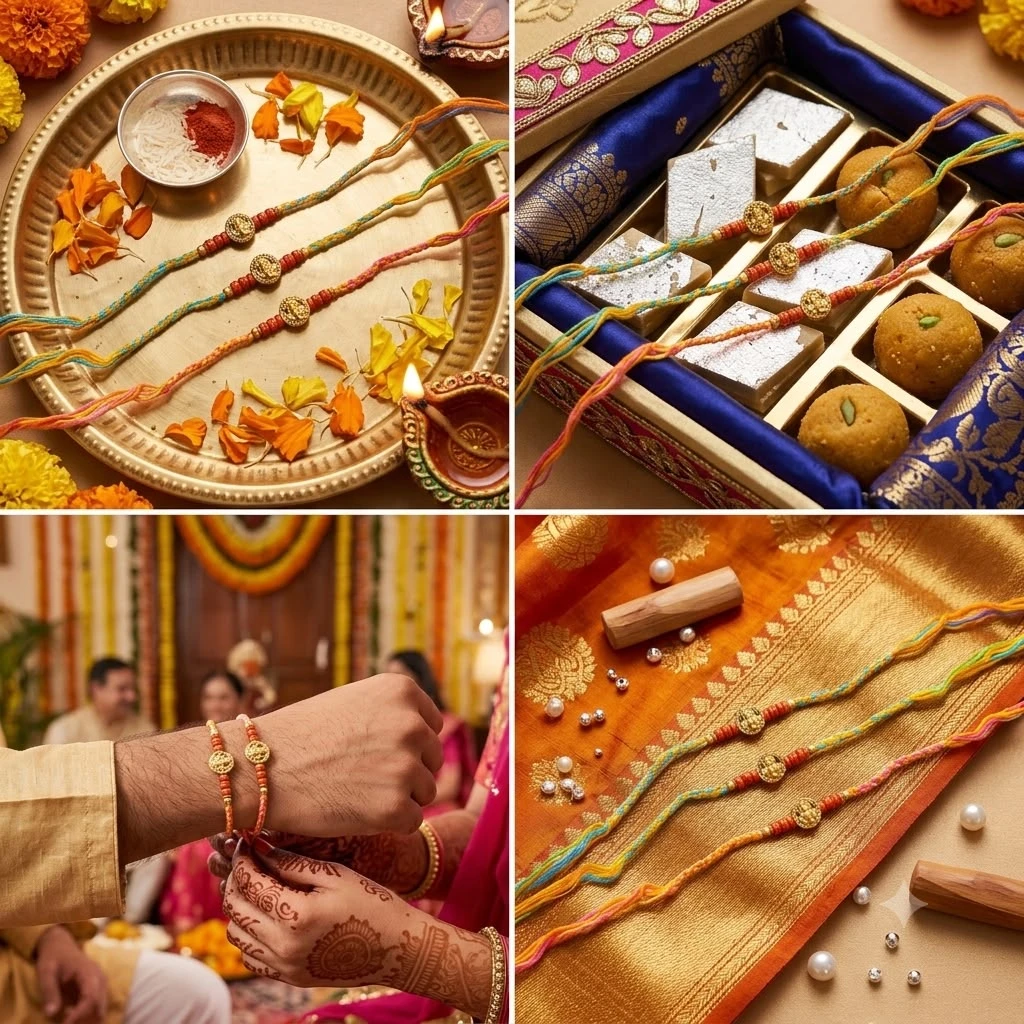 traditional Rakhis feature a stylized Ganesh charm centrally located on a decorative red and yellow silk thread.