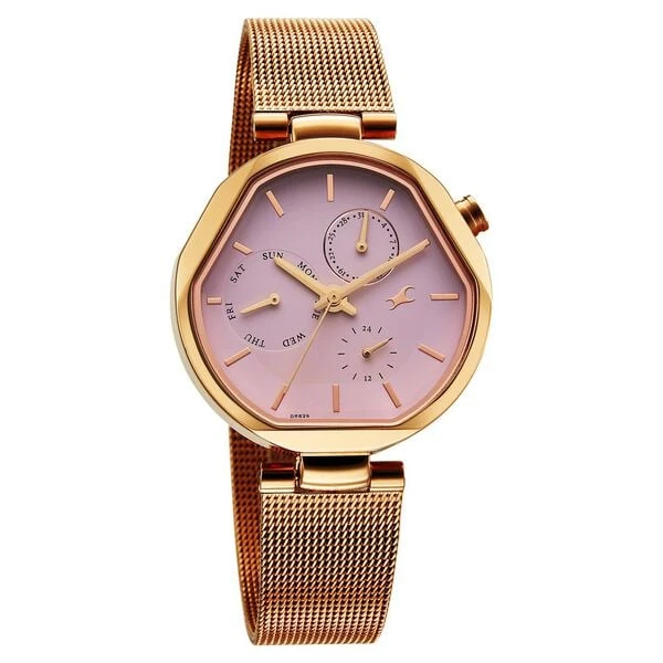 Fastrack Tick Tock Quartz Multifunction Pink Dial Stainless Steel Strap Watch For Girls
