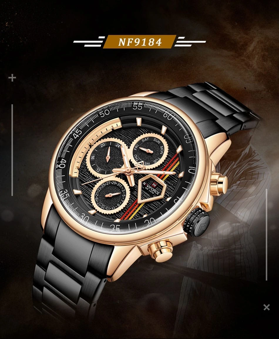 Men’s watch with a black dial and rose gold accents.