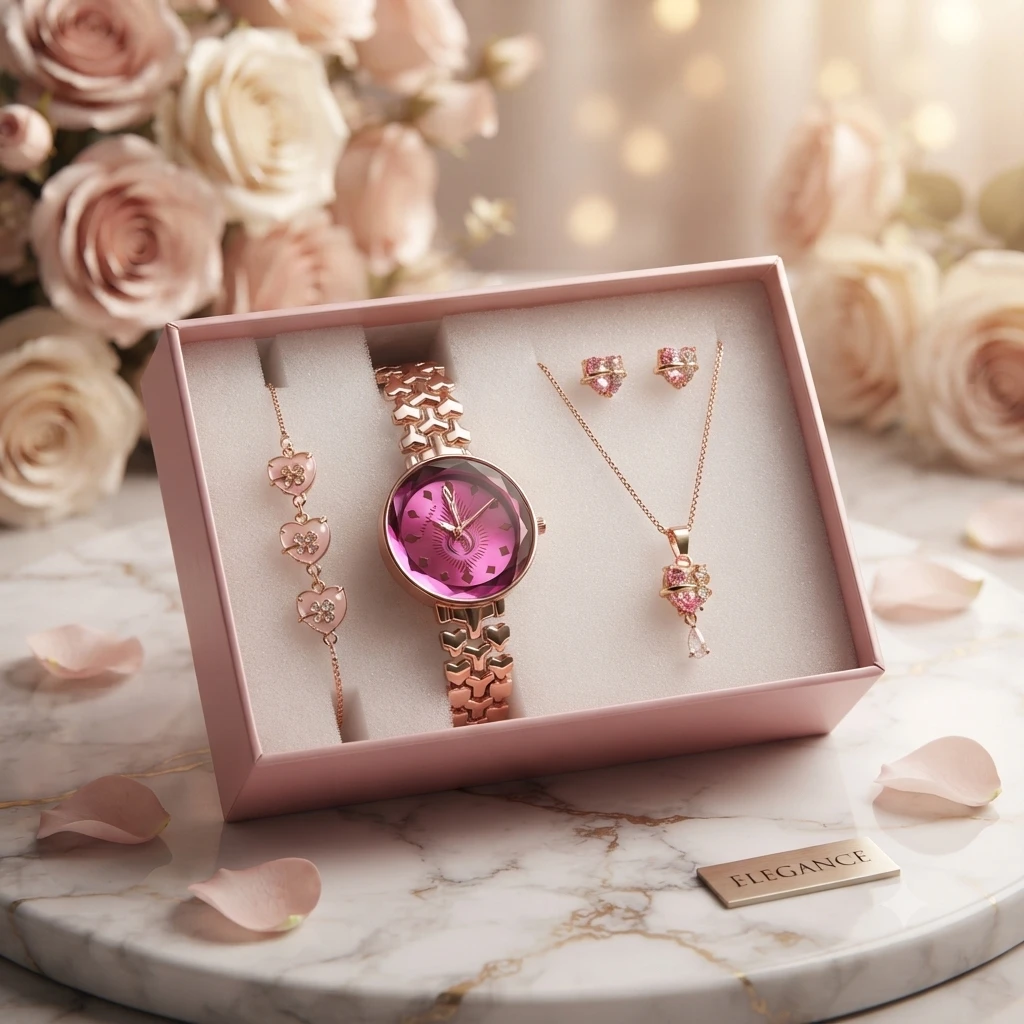 an elegant rose-gold women's watch and jewelry gift set