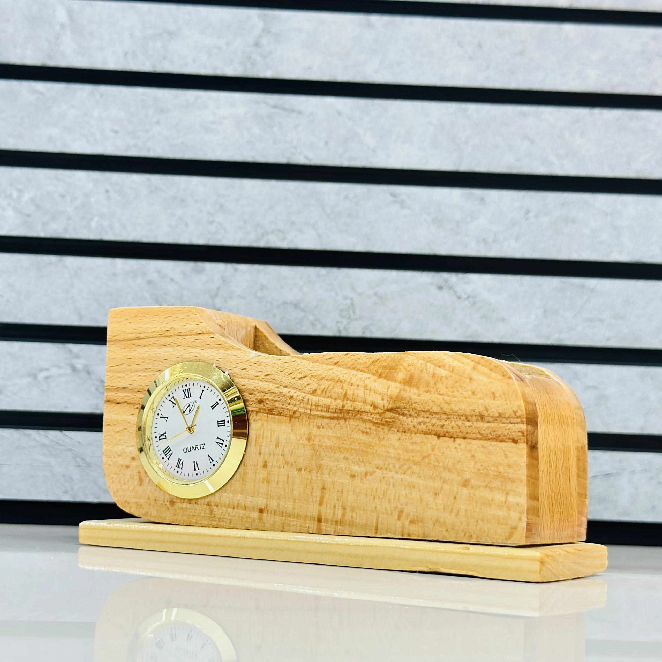 wooden desk organizer with an integrated clock.(SKU-ZXB9L5)