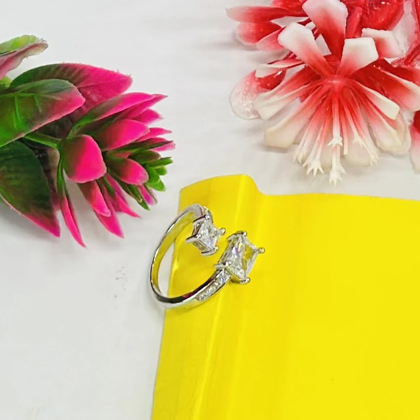 silver-toned ring featuring two prominent princess-cut stones
