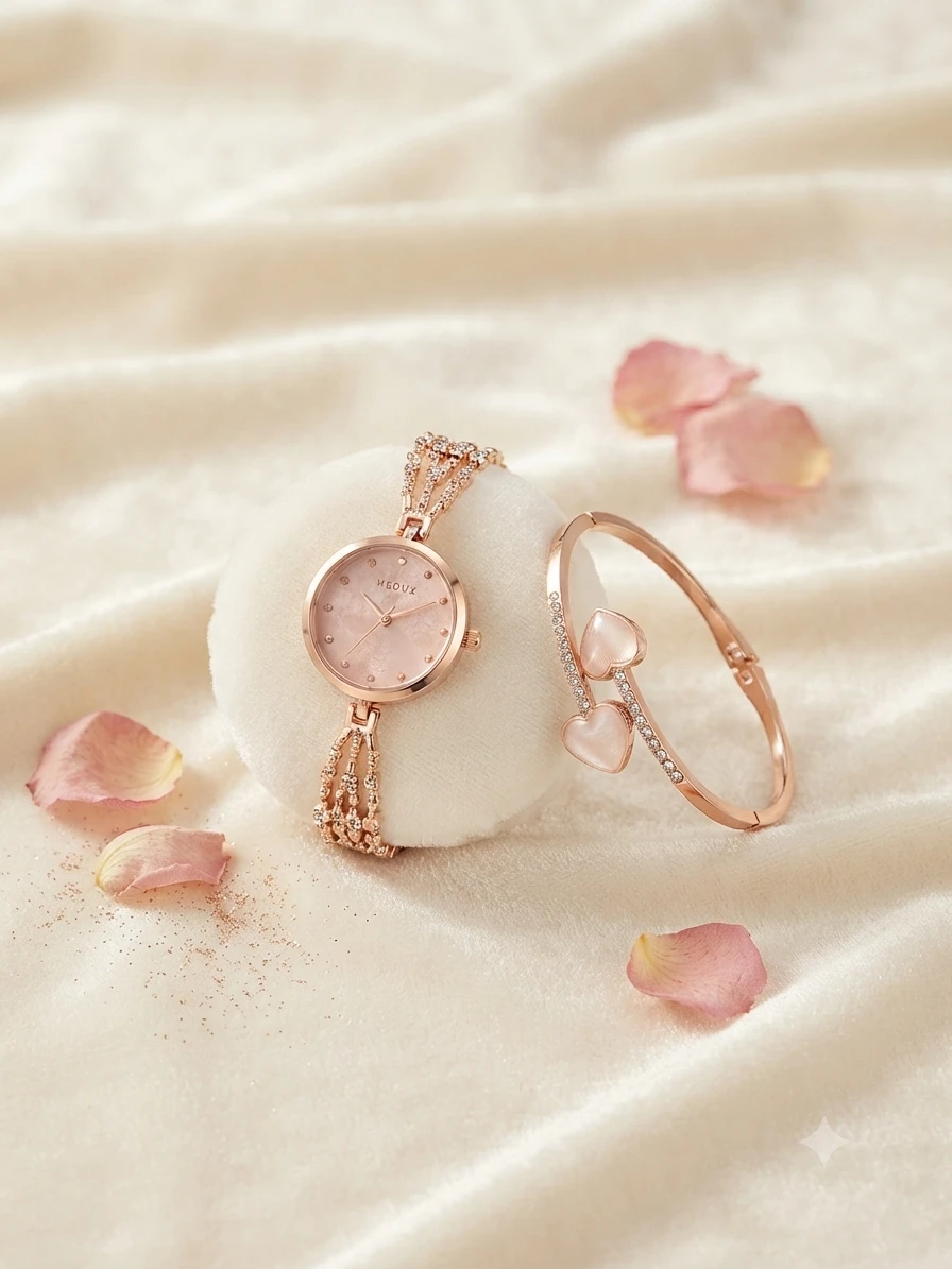 elegant rose gold watch and matching heart bracelet set