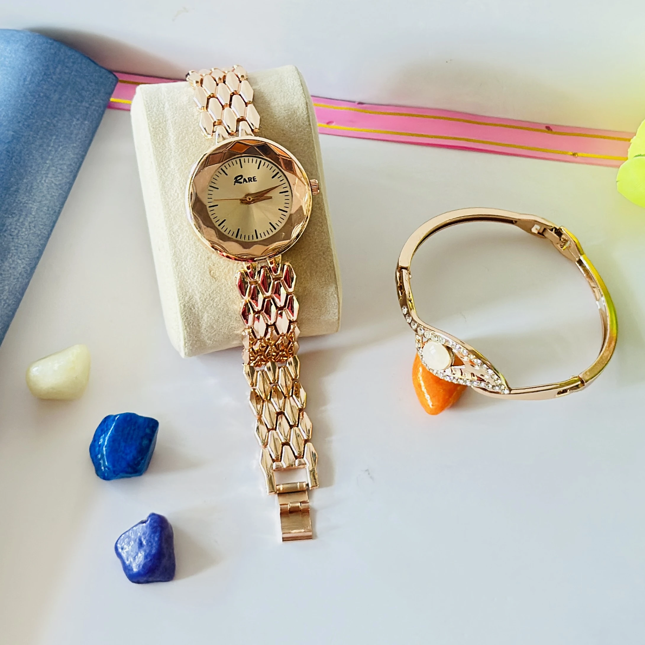 Rare branded rose gold analog watch and matching bracelet set