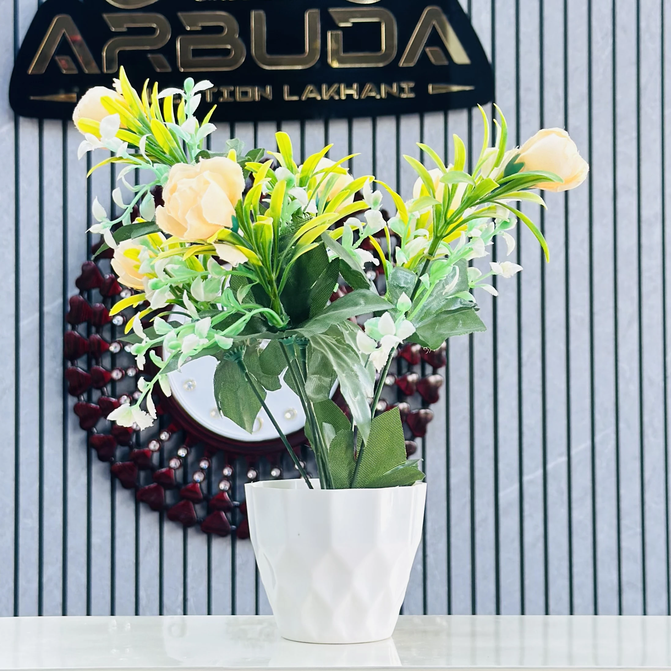 Artificial Yellow Rose Plant with White Pot