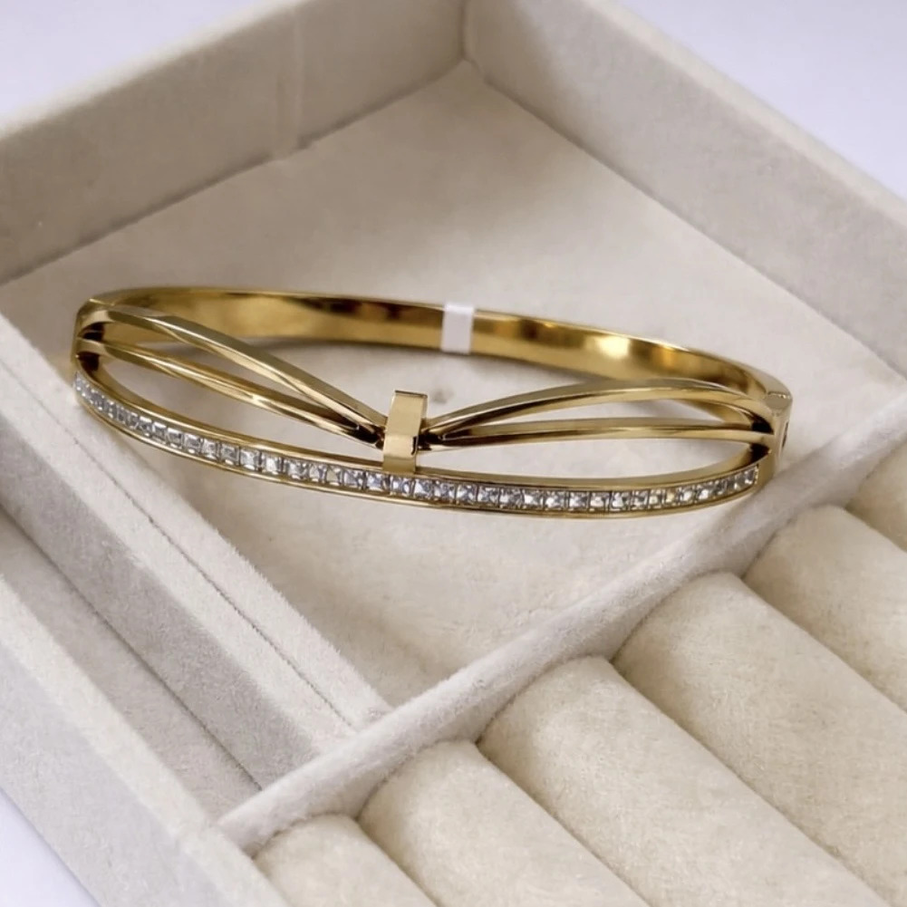 Crystal Gold Stainless Steel Bangle Bracelet