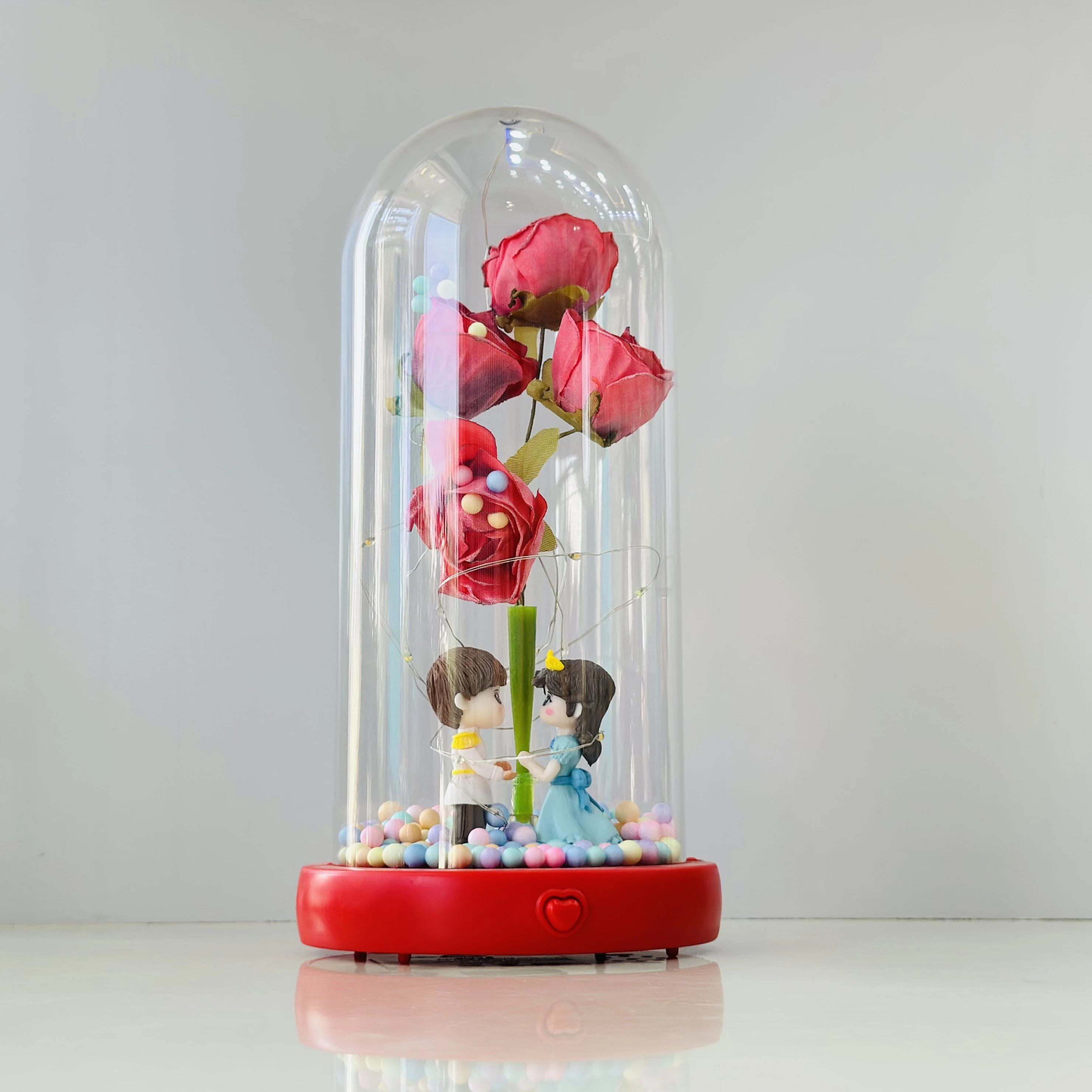 ROMANTIC RED ROSE COUPLE SHOWPIECE IN GLASS DOME WITH LIGHT, MUSIC & BLUETOOTH (SKU-58672S)