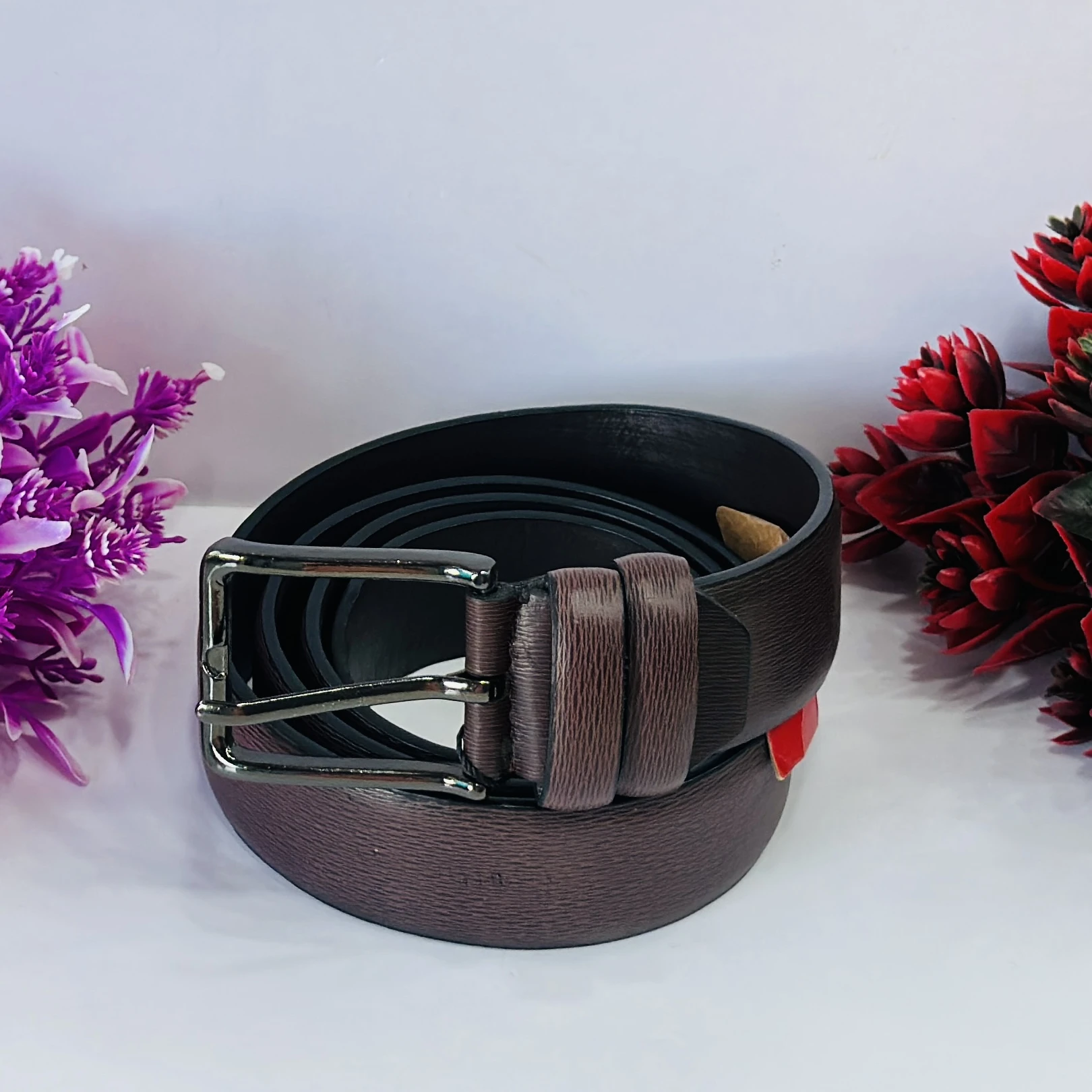 Brown textured leather belt