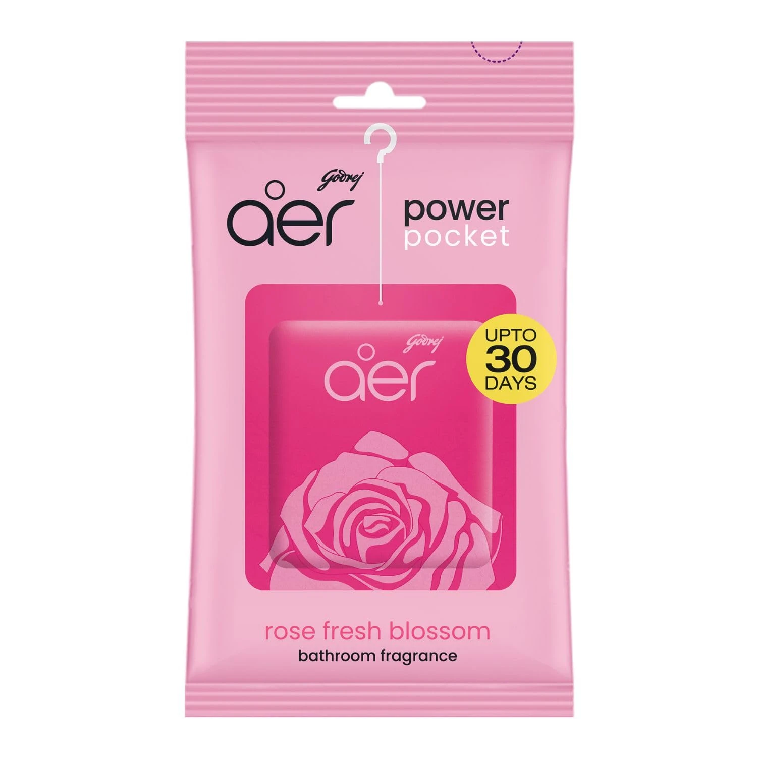 Godrej aer Power Pocket Bathroom Freshener in the Rose Fresh Blossom scent.