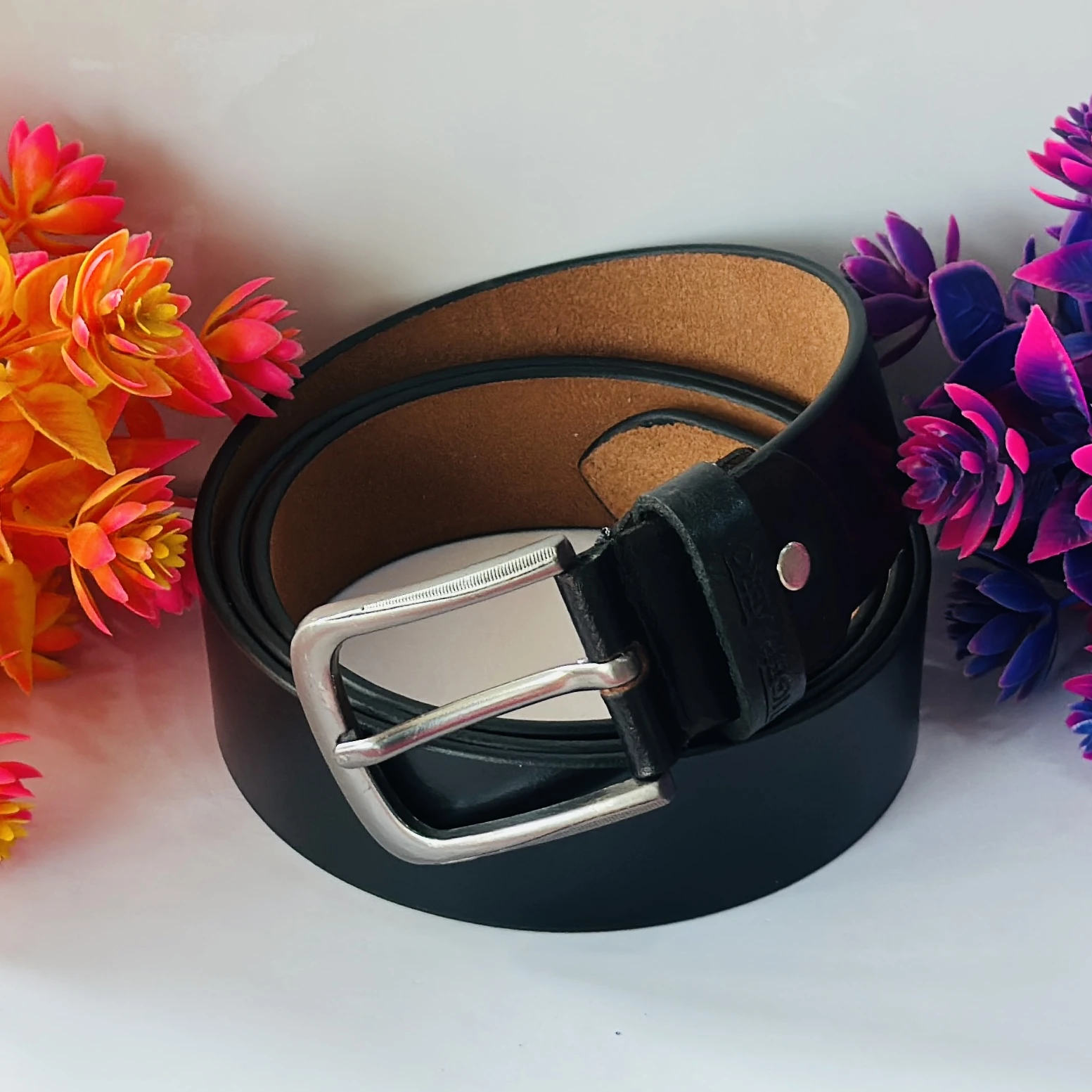 Black genuine leather men's formal belt