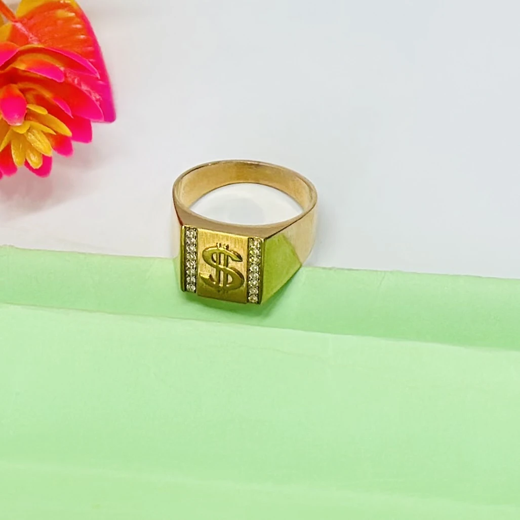 Men’s 14k gold dollar sign ring with side stones.