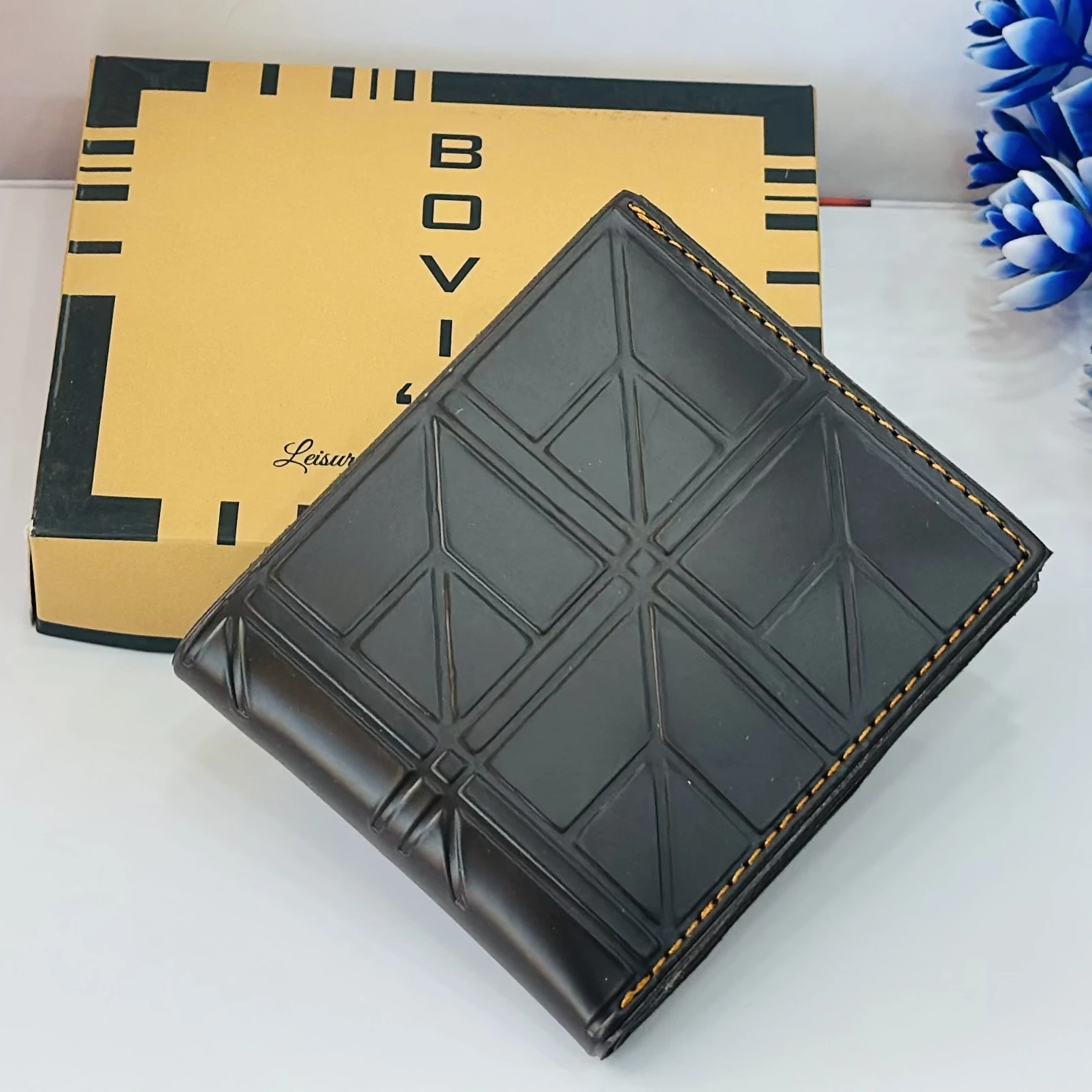 Bovi's Leisure Fashion Brand men's black genuine leather wallet.