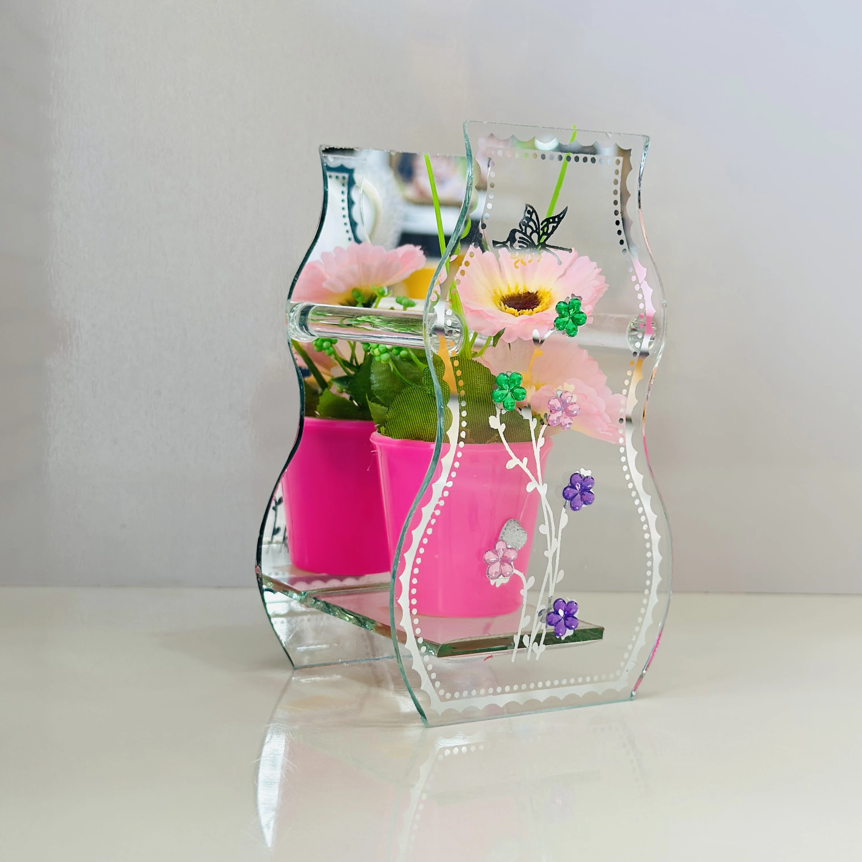 decorative glass vase with a purple pot and artificial flowers inside.(SKU-7QH3CH)
