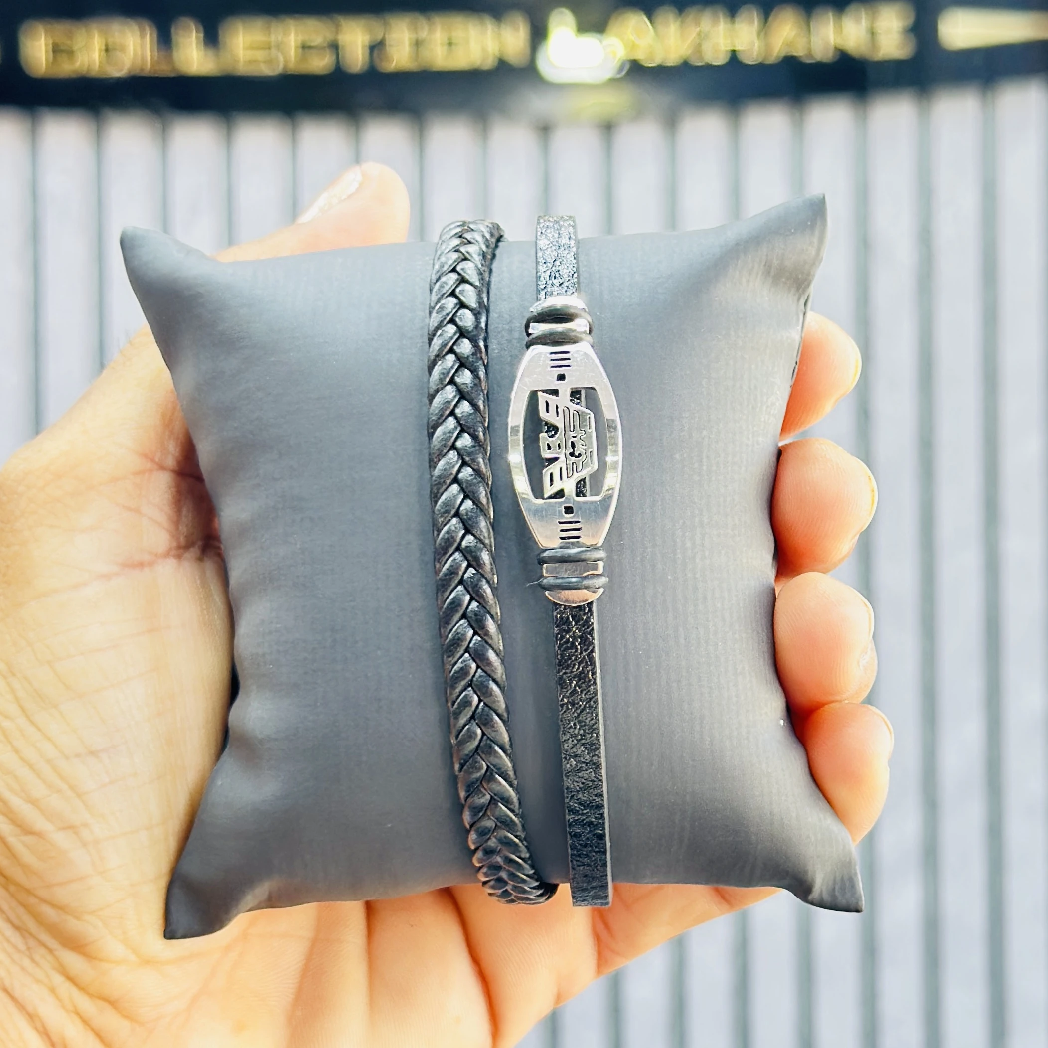 men's stainless steel and leather wraparound bracelet