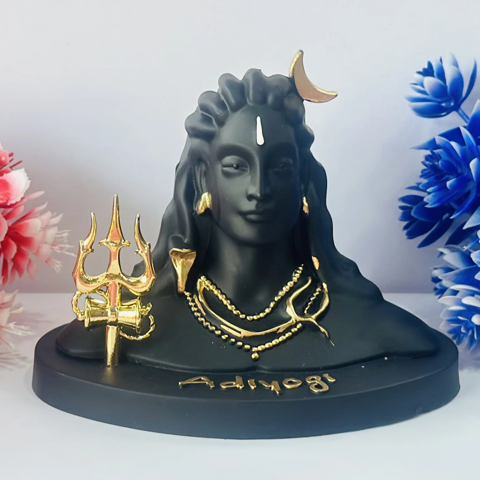 Black Adiyogi Shiva statue with a golden Trishul and crescent moon.(SKU-5I564U)