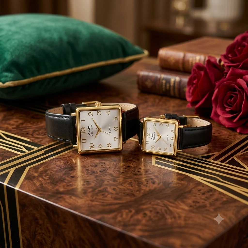 Camy Collection analog quartz watches with black leather straps and square dials.