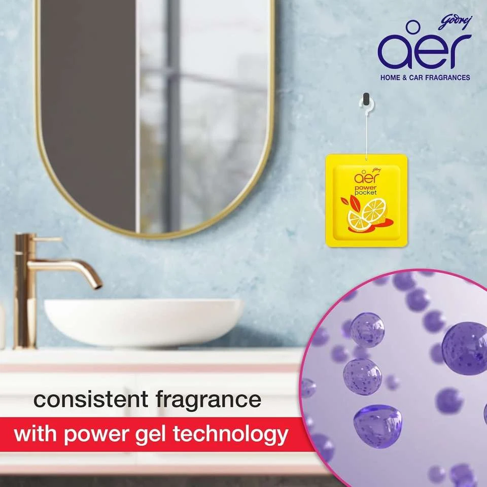 Godrej aer Power Pocket bathroom fragrance in the Lemon Tangy Delight scent