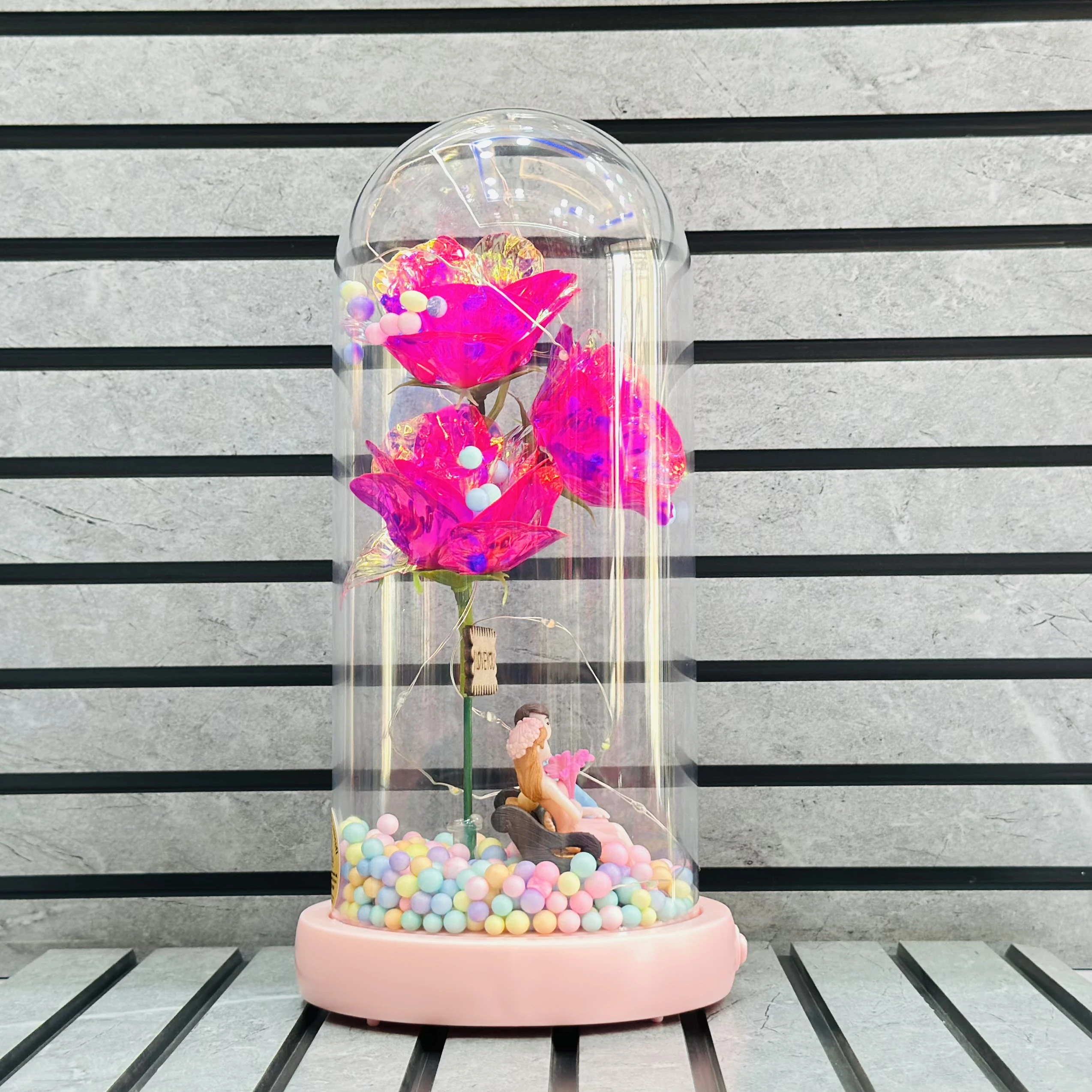 Rose flower with LED lights inside a glass domeSKU-VH833W)