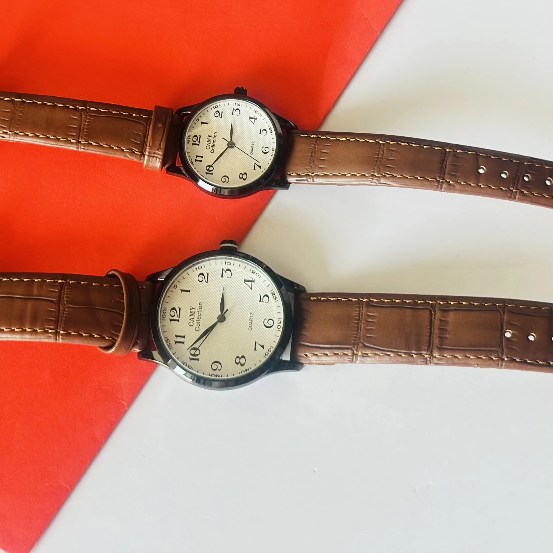 CAMY Collection black metal quartz watches with brown leather-style straps