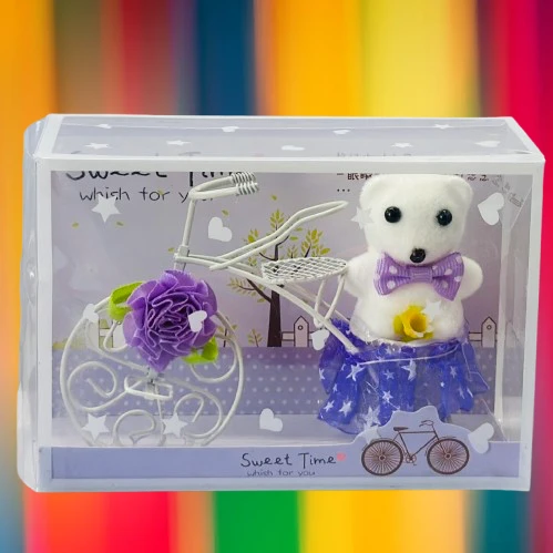 White Plastic Cycle with Teddy Bear and Rose Petals Gift Box