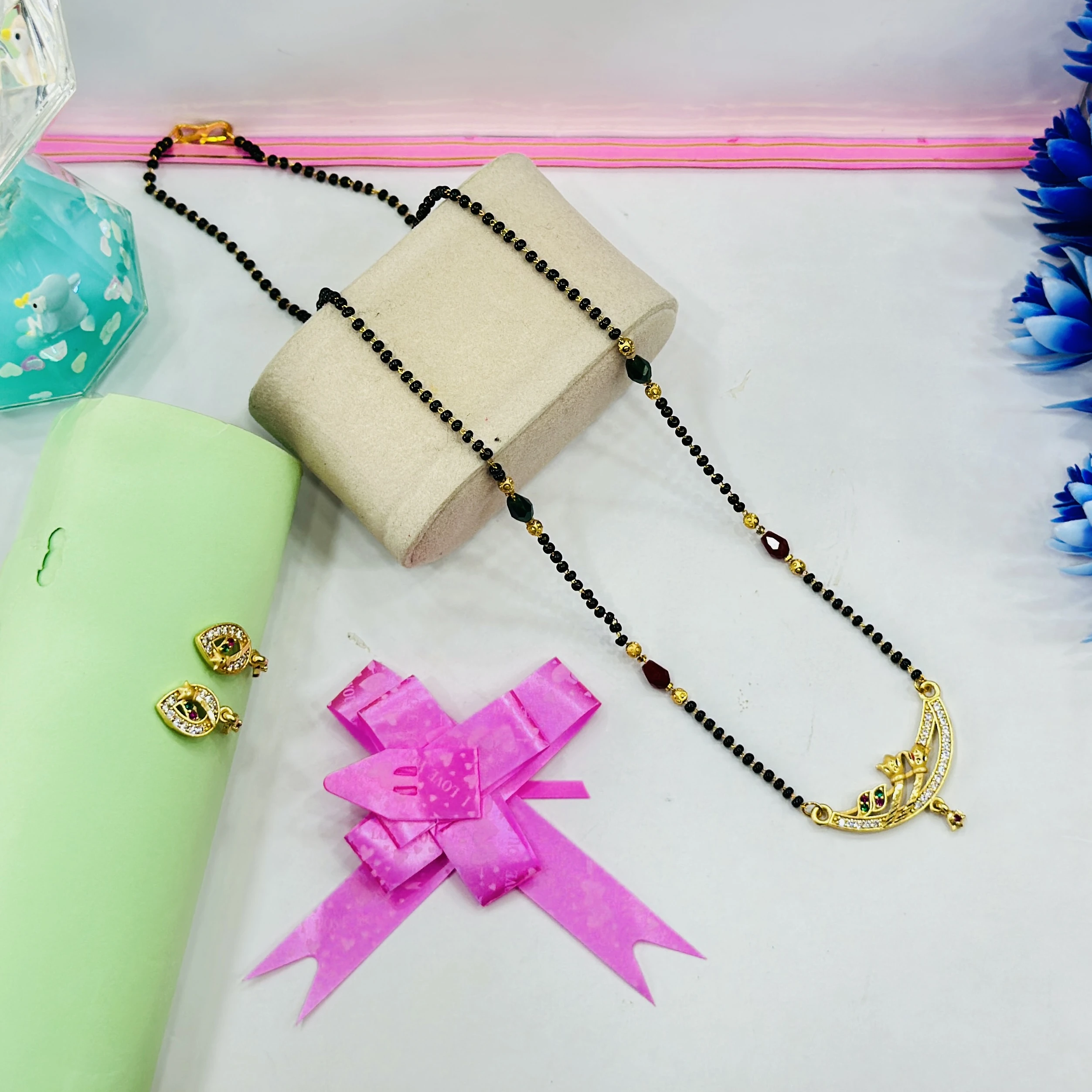 Gold plated brass mangalsutra necklace and earring set
