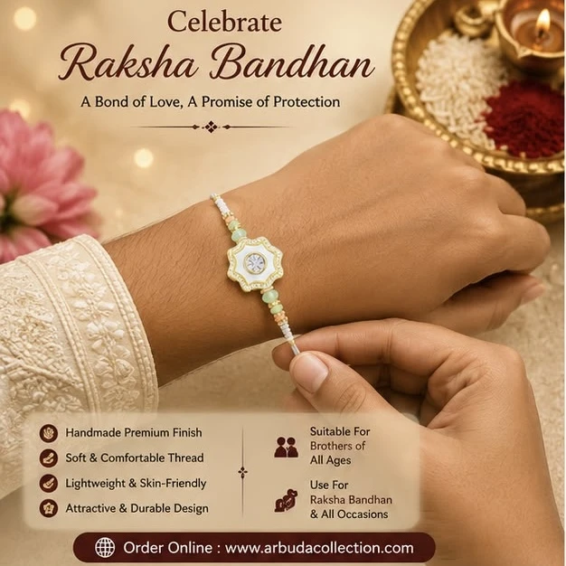RHOSYN floral rakhi features a white and gold centerpiece with pastel green beads on an adjustable thread.
