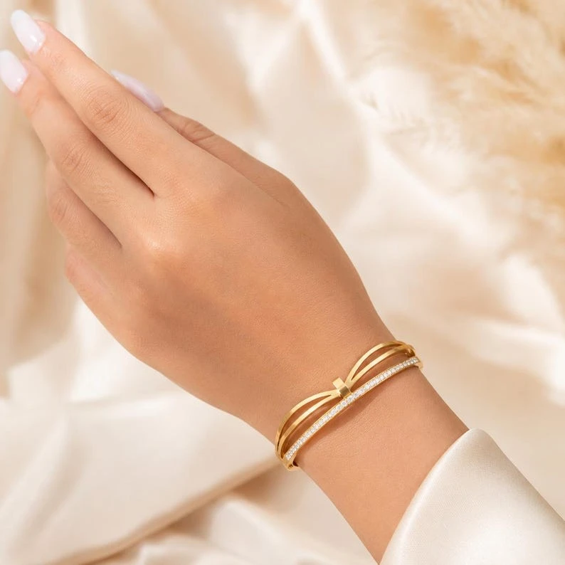Crystal Gold Stainless Steel Bangle Bracelet