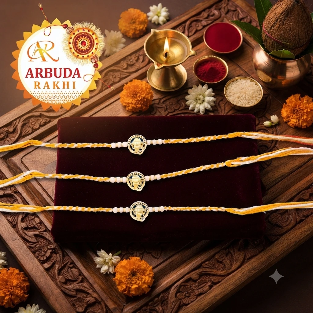 handcrafted yellow thread Rakhis featuring an intricate gold-plated circular motif of Lord Ganesha.