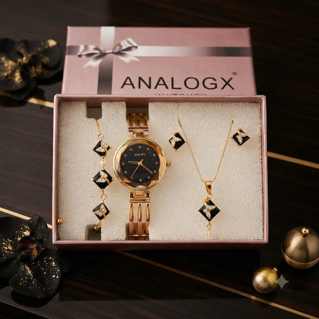 Analogx gold-toned women's analog watch and matching jewelry gift set
