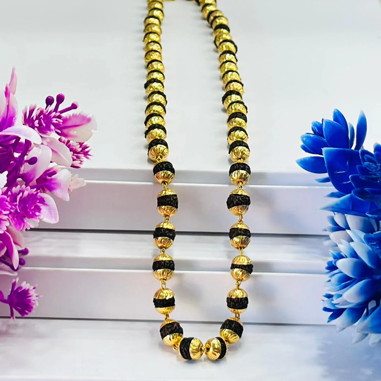 Golden Flower Brown Rudraksha Mala