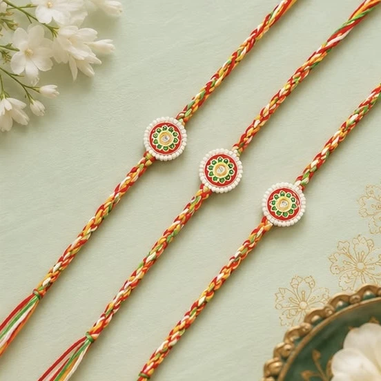 Meenakari Rakhis, featuring a set of three traditional multicolor threads.