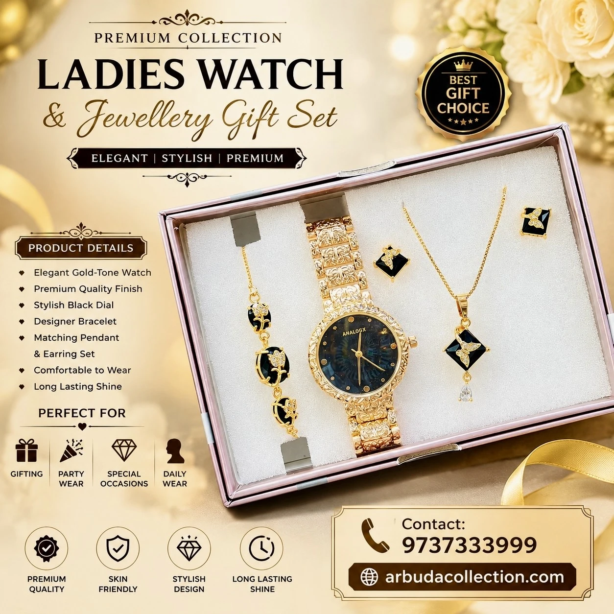 an analog wristwatch and matching jewelry pieces